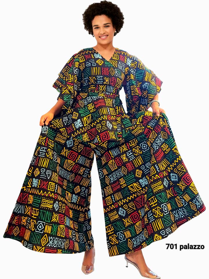India Batik – Großhandel Set aus Oberteil und Hose (NICHT Loungewear) – Damen – Palazzo Hosen- und Wickelbluse - Schwarz/Rasta