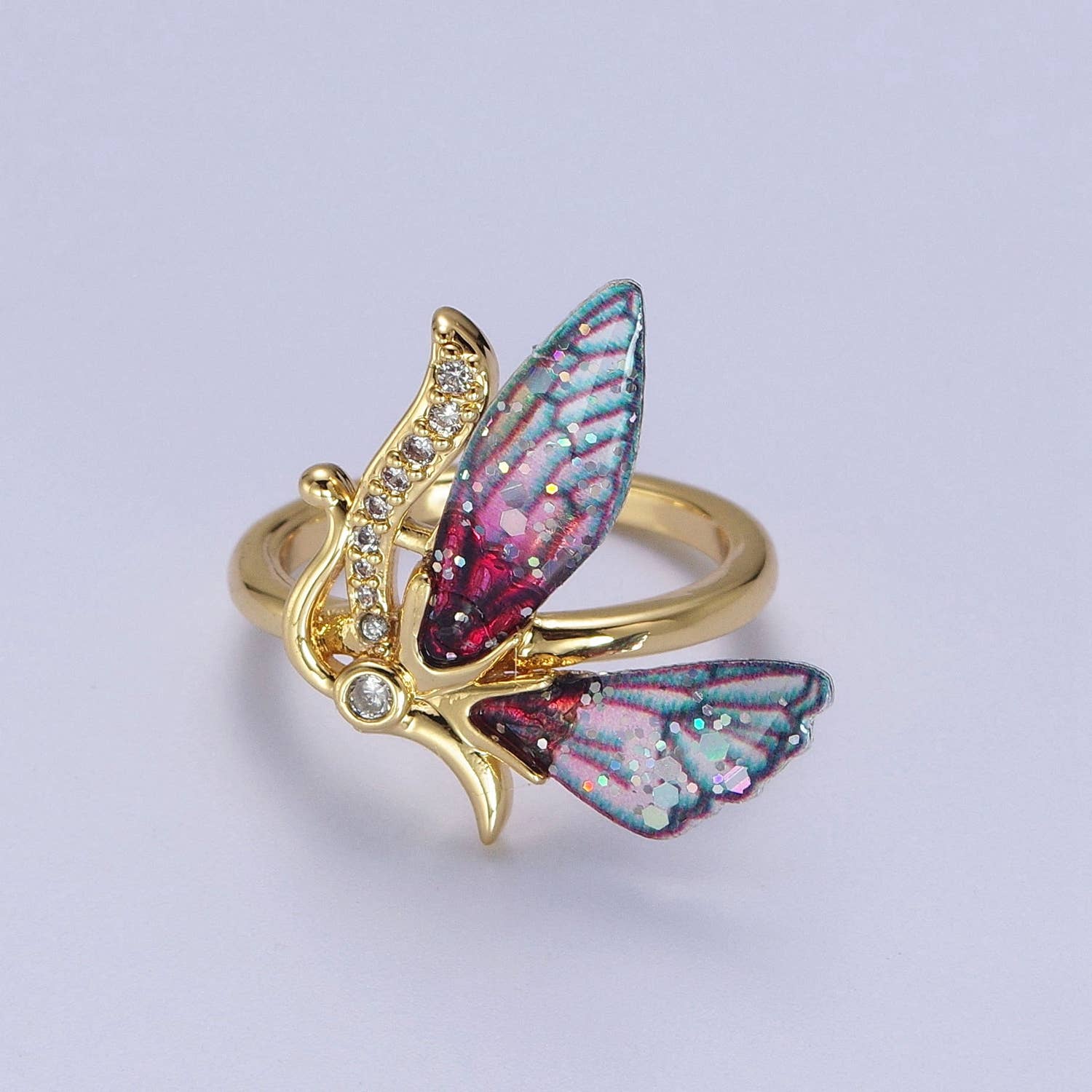 Aim Eternal - Vente Bague avec plusieurs pierres - Antenne élégante en forme de papillon avec micro pavé fuchsia/bleu1