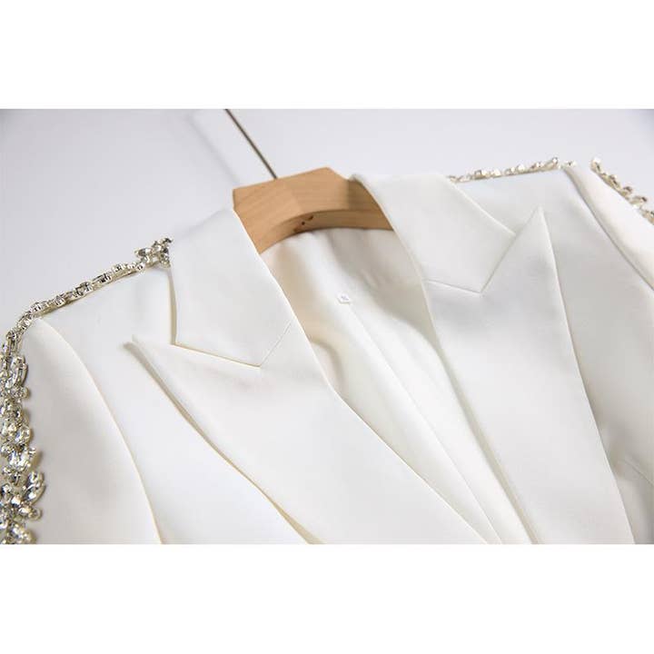 Calista White Rhinestone Arm Blazer & Pant Two Piece Set for wholesale on Faire4