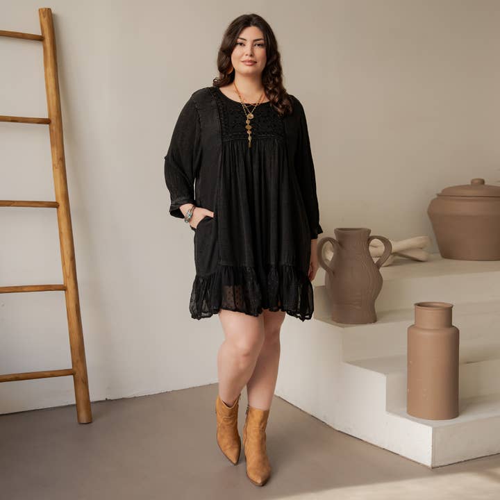 Charcoal Boho Embroidered Ruffle Hem Babydoll Dress ALSO IN PLUS for wholesale on Faire10