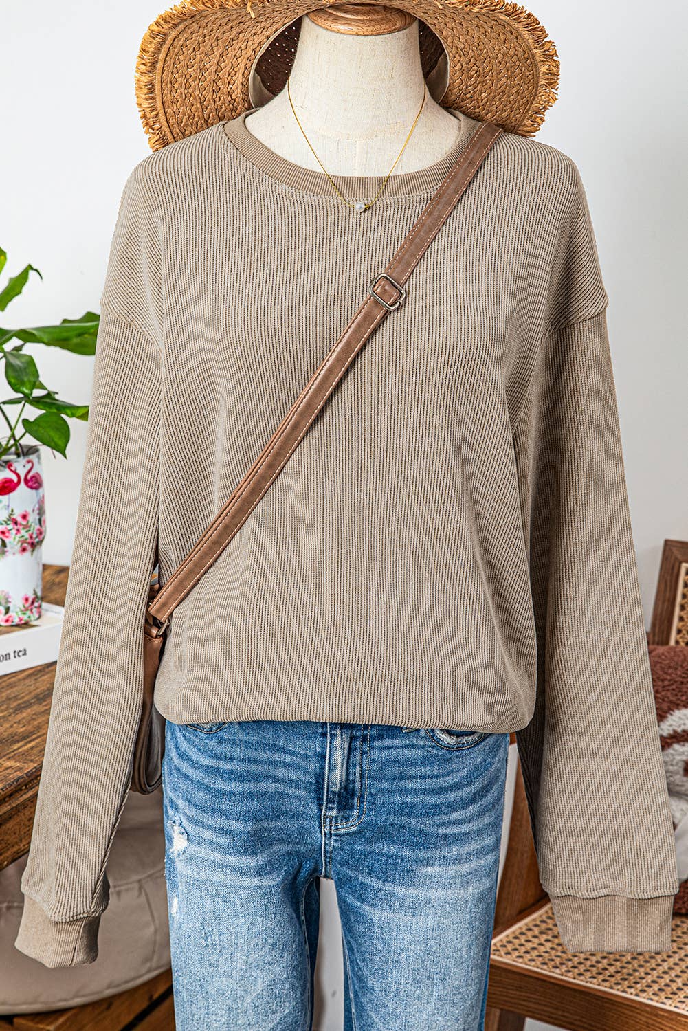 fashionworks - Wholesale Sweatshirt - Women's - Fashion-W Ribbed Knit Round Neck Pullover Sweatshirt*S-2XL0