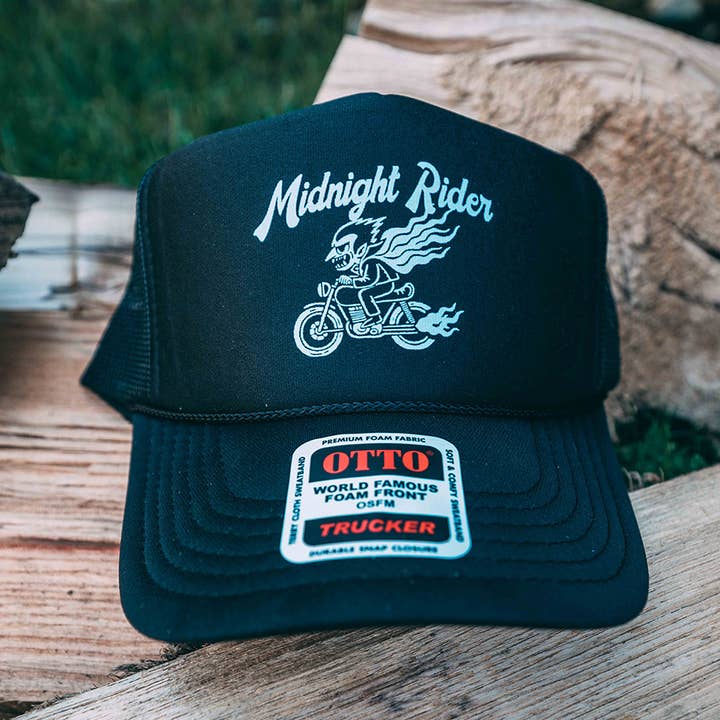 Hey Bear Outdoors - Wholesale Trucker Hat - Unisex - Dracula, Motorcycle - Midnight Rider - Black Mesh OTTO Hat1