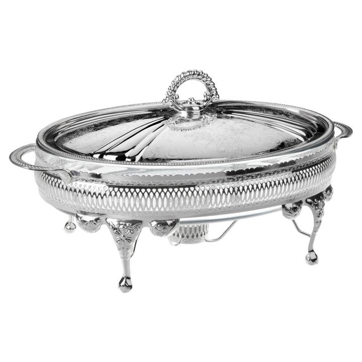 Queen Anne Oval Casserole/Lid/Warmer 7 1/4"h x 8 5/8"w x 13 3/4"l English Silver Plate (Tarnish Resistant). SKU #: 0/6292. for wholesale by Corbell Silver