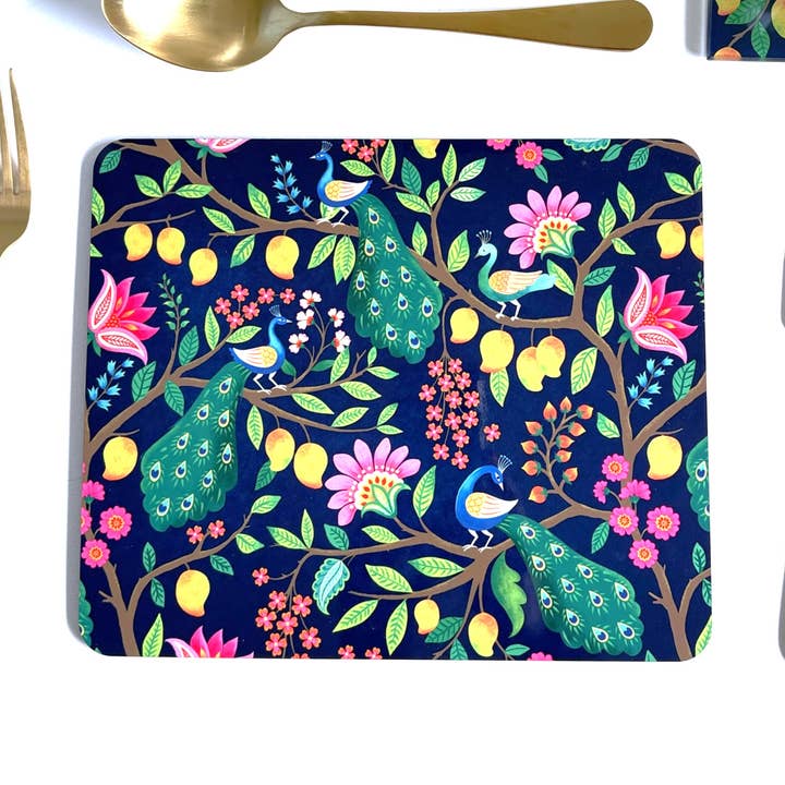Eco-Friendly Hardback Placemat with Peacock and mango tree for wholesale by Alphonsostudio