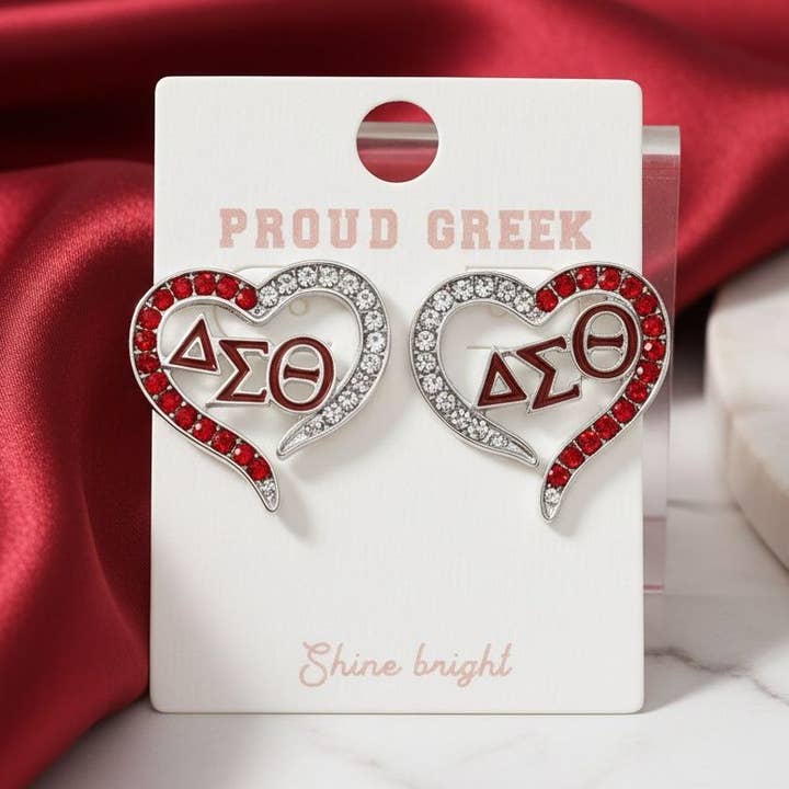DST Sorority Heart Red Clear Bling Stud Earrings for wholesale by PinktownUSA