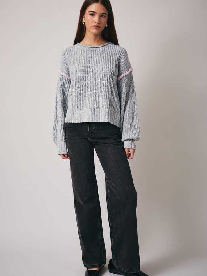 H GREY ROUND ROLL UP NECK LONG SLEEVE SLOUCHY FIT SWEATER for wholesale on Faire4