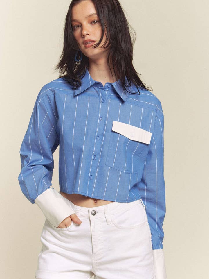 STRIPED BUTTON DOWN SHIRT WITH CONTRAST POCKET for wholesale by Hers & Mine