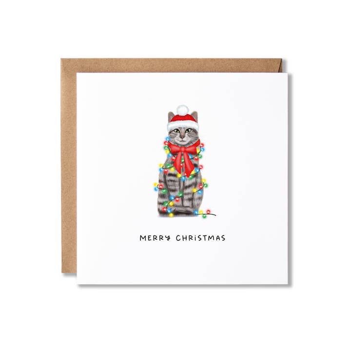 Grey Tabby Cat In Christmas Lights Christmas Card for wholesale by Badgerbee Design