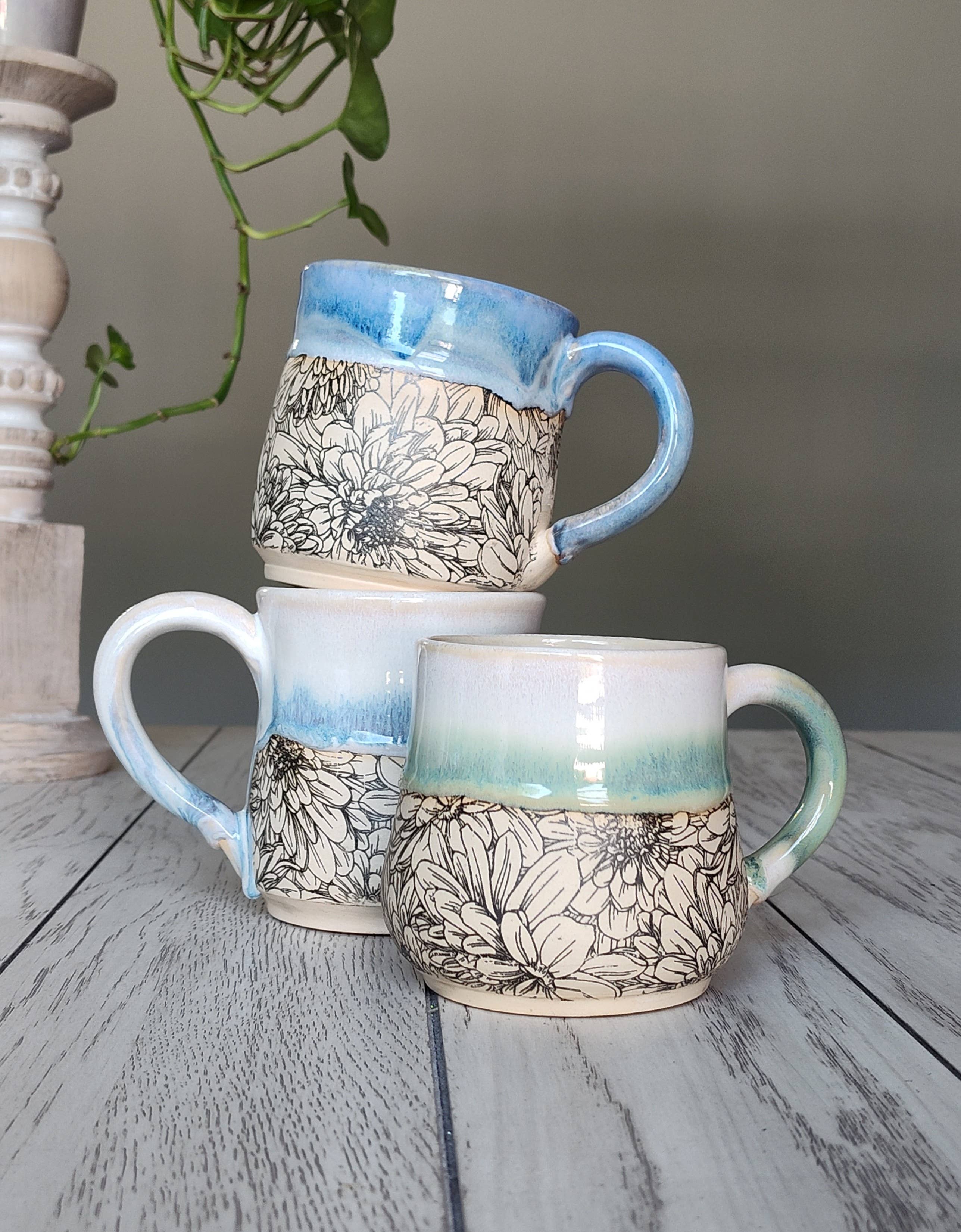 Rise and Design Art Studio - Wholesale Coffee Mug - Flower Textured Green Mug – Handmade Ceramic (12-16 oz)4