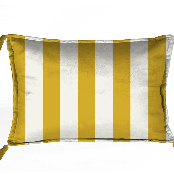 Velvet Cushion 50x35 Tassels (Gold Strips) for wholesale by Really Nice Things