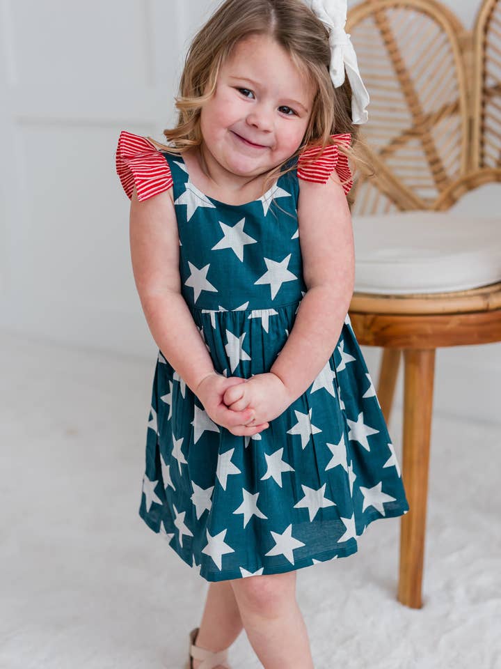 Yo Baby - Wholesale Dress - Kids - Navy Star Print Sleeve Ruffled Gathered Dress6