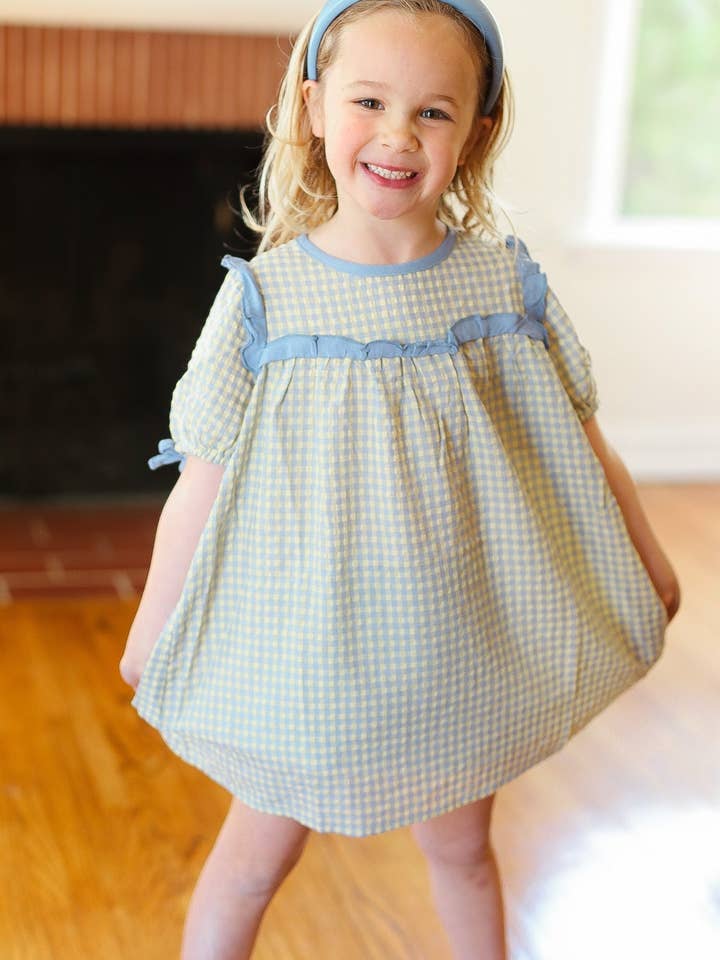 Promenade - Wholesale Dress - Kids - Kids Charming Blue Gingham Elastic Tie Sleeve Dress (Open Pack)