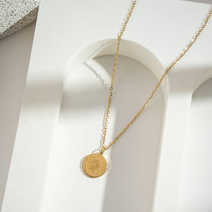 COSMOS - Wholesale Pendant/Charm Necklace - Gold stainless steel necklace with coin-shaped pendant1