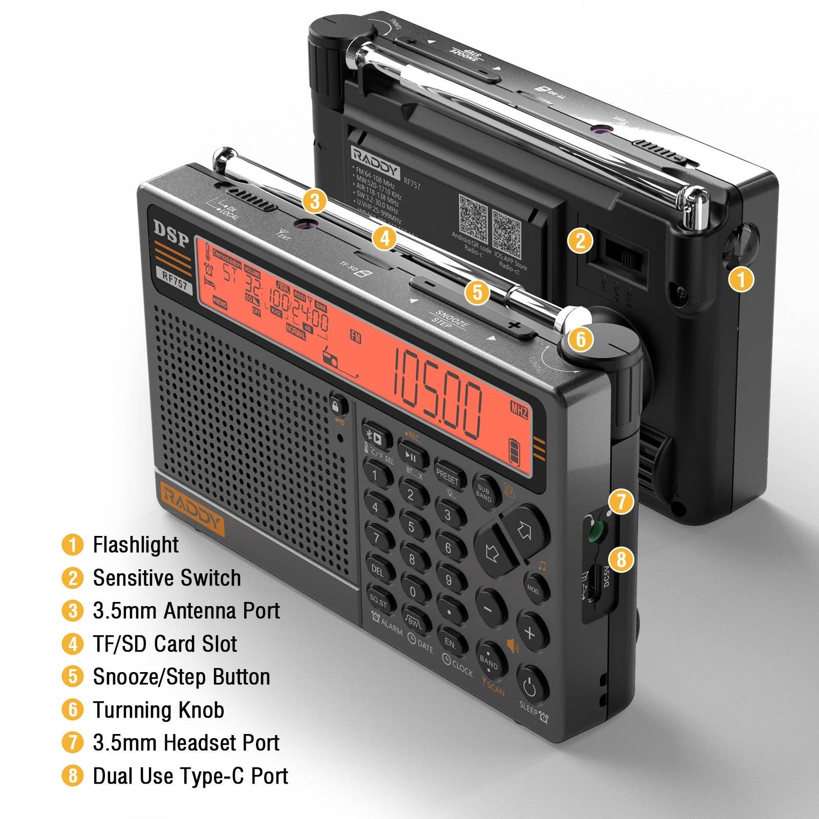 Radioddity - Wholesale Portable Charger - Raddy RF757 Shortwave Radio | APP Control | AM/FM/SW/VHF/UHF/CB/AIR/NOAA | 1000 Presets | Bluetooth 5.0 | 2500mAh Battery10