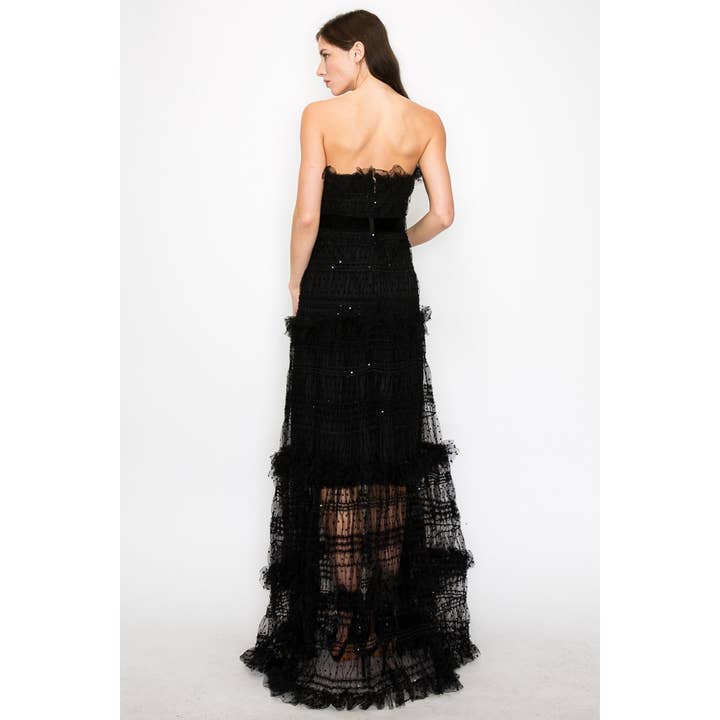 INA - Wholesale Dress - Women's - Strapless Polka Dots Tiered Tulle Maxi Dress
