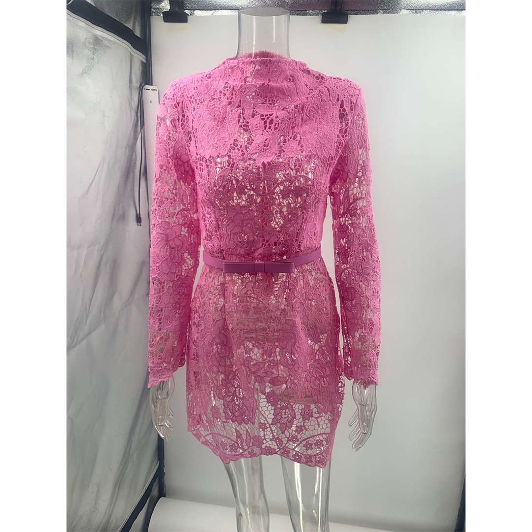 Roze Kanten Transparante Uitholling Taille Slank Lange Mouwen Jurk JRM161 voor groothandel op Faire4