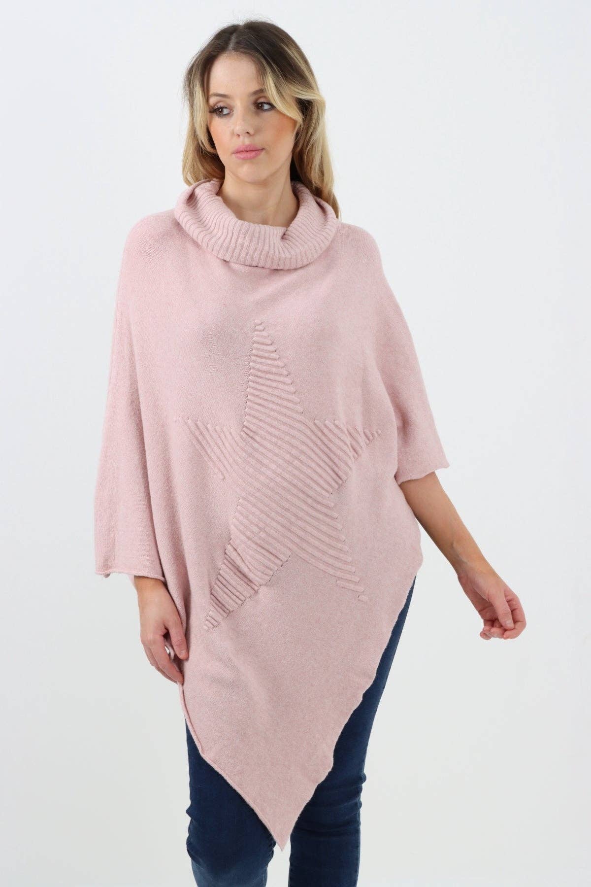 Miss Bold – Engroshandel Poncho - Dame – Italiensk strikket lagenlook poncho med stjernemønster og rullekrave31