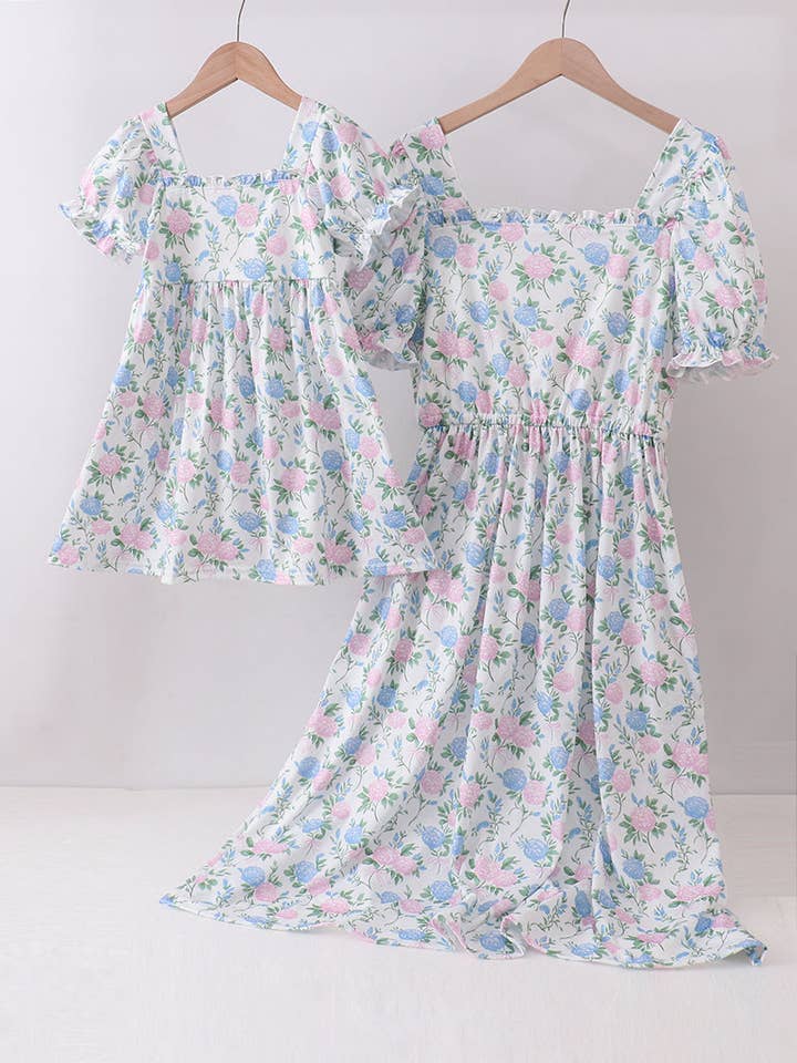 Blue floral print ruffle mom&me dress for wholesale by Aspen Rain Boutique