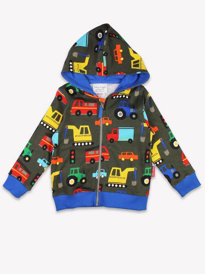 Veste à capuche pour enfants en coton bio avec imprimé de véhicules pour la vente par Toby Tiger GmbH