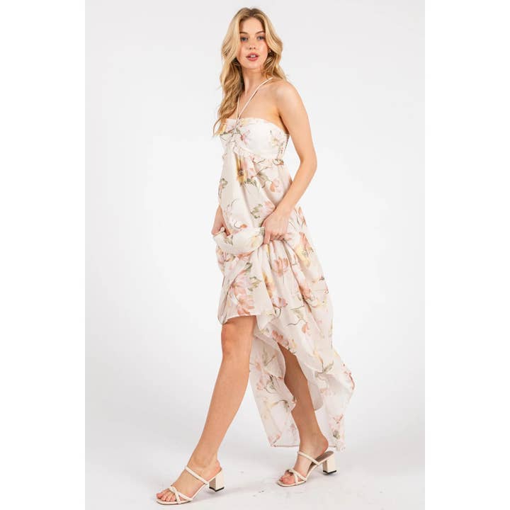CREAM HALTER NECK TIE TIERED MAXI CHIFFON DRESS for wholesale on Faire