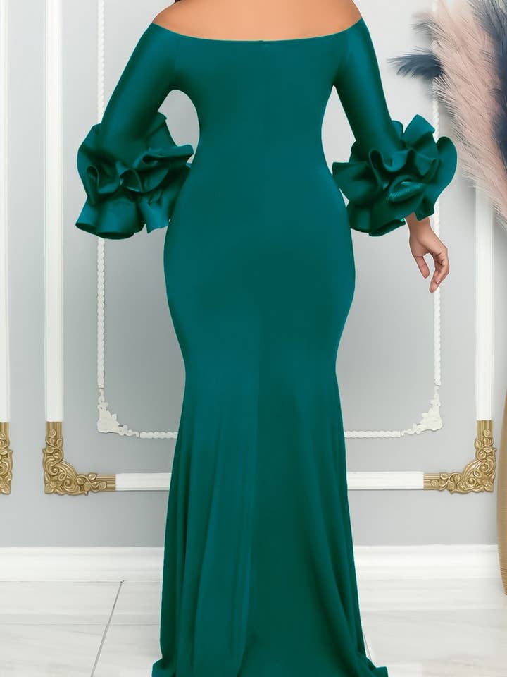 NINEXIS - Wholesale Gown - Women's - CWDMD1729_ONE SHOULDER SLIT RUFFLE SLEEVE EVENING MAXI DRESS