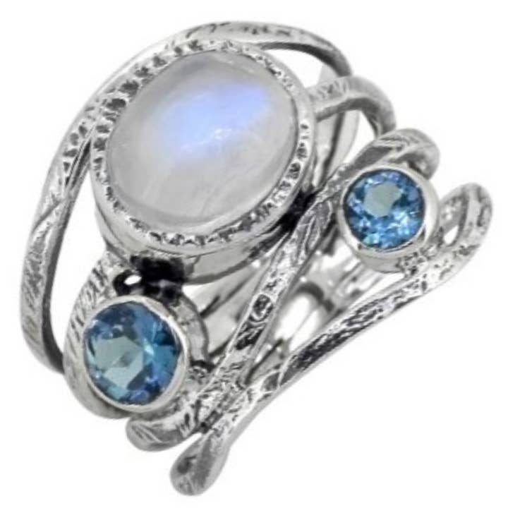 Tyringham Cobble Moonstone & London Blue Topaz Sterling Ring for wholesale by Saraswati Imports
