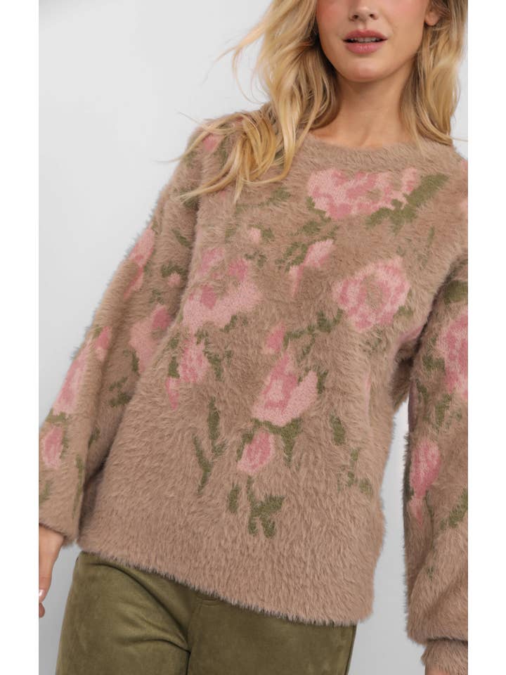 Sadie & Sage - Wholesale Knitted jumper – Women′s - Camila Eyelash Yarn Jacquard Pullover Sweater : TAUPE MULTI3