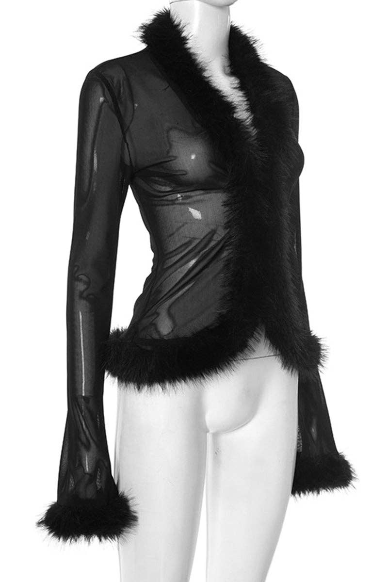 BLACK Faux Fur Trim Sheer Long Sleeve Blouse for wholesale on Faire5