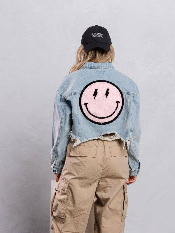 Trio Urban - Vente Veste en jean – femme - Veste courte en jean rose Smiley Face2