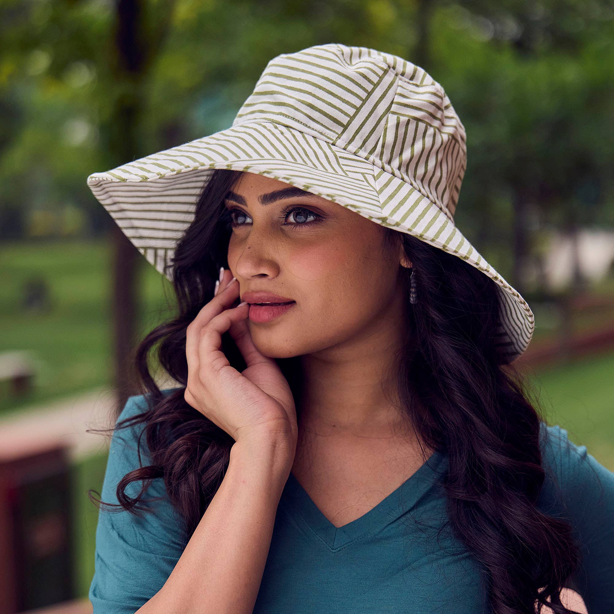 Anju Jewelry - Wholesale Bucket Hat - Women's - The Block printed Canvas  Olive Stripes Sun Hat2