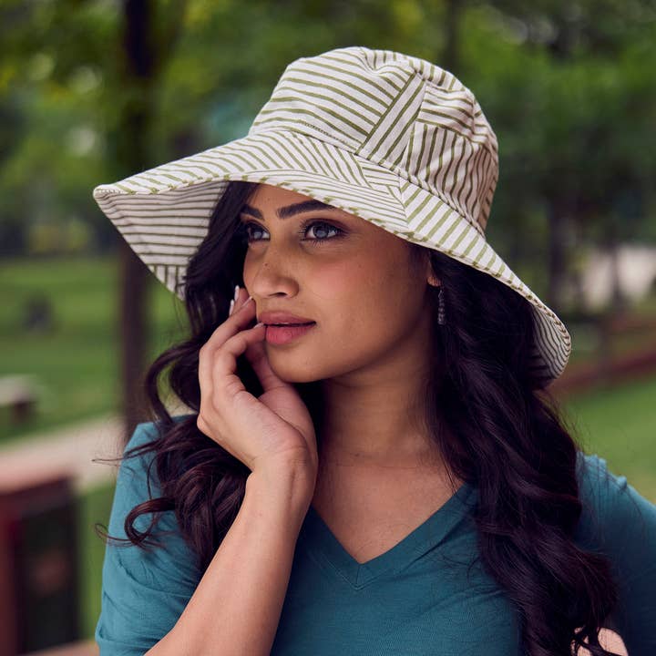Anju Jewelry - Wholesale Bucket Hat - Women's - The Block printed Canvas Olive Stripes Sun Hat2