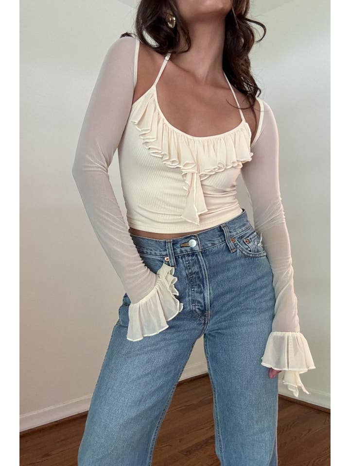 Salty - Wholesale Blouse - Women's - RUFFLE TRIM LONG SLEEVE CROP TOP9