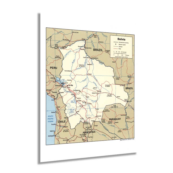 Historic Prints - Wholesale Map - 2006 Bolivia Map - Map of Bolivia in South America - Map of Bolivia Showing Sucre Santa Cruz and La Paz Bolivia Wall Art Poster
