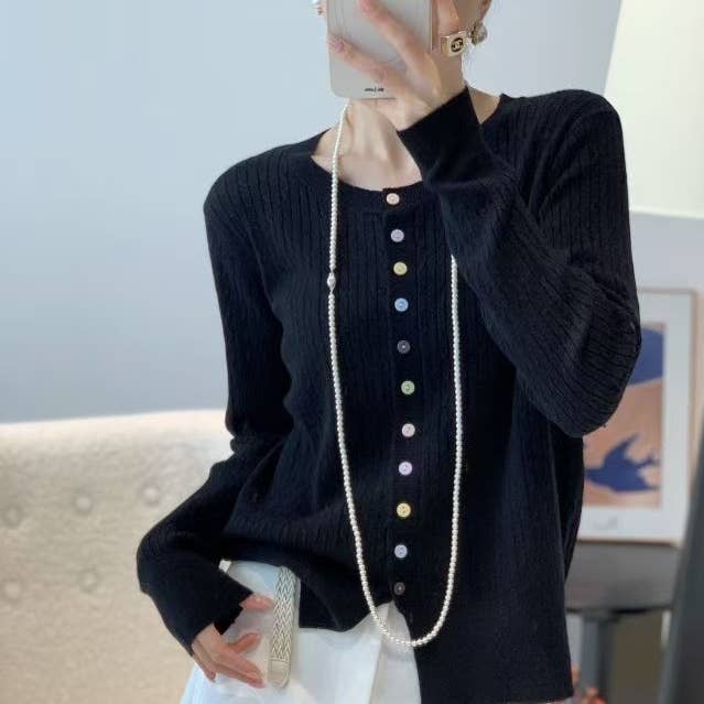 Fine Knit Cable Knit Cardigan with Multi Button in Black for wholesale by Last True Angel