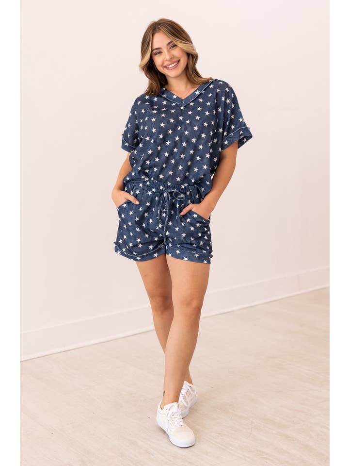 Blue Navy Stars Waffle Knit Shorts for wholesale on Faire