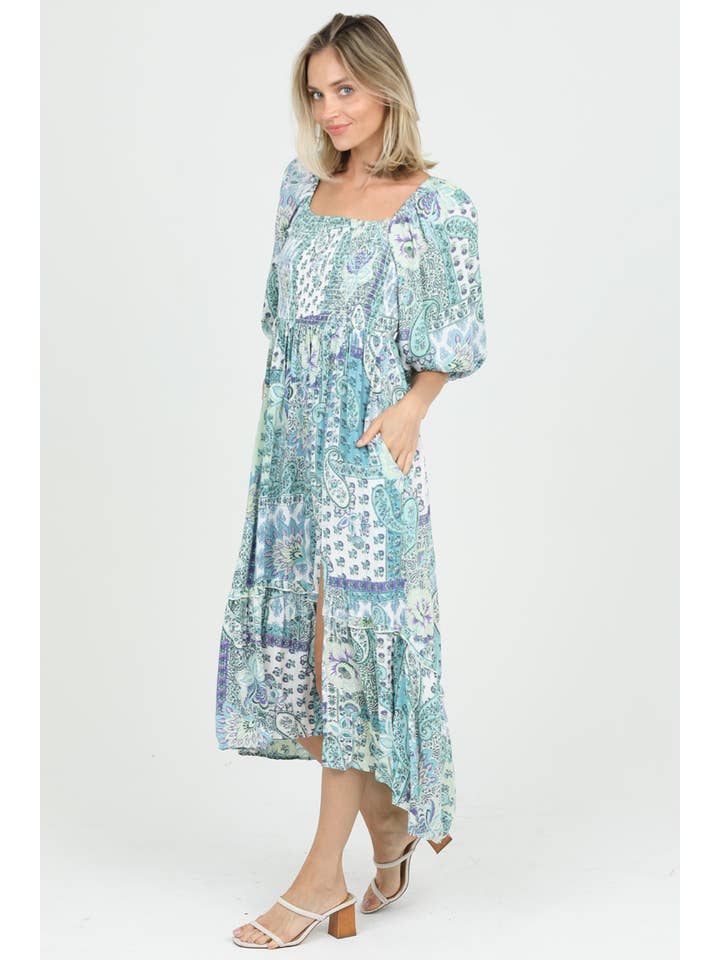 ANGIE - Wholesale Dress - Women's - C4B32-W909 SMOCKED BODICE MAXI DRESS WITH SLIT AND POCKETS