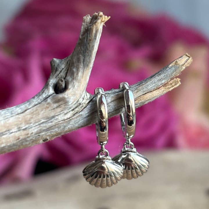 925 Sterling Silver Shell Huggie Earrings for wholesale by Ocean Ripples
