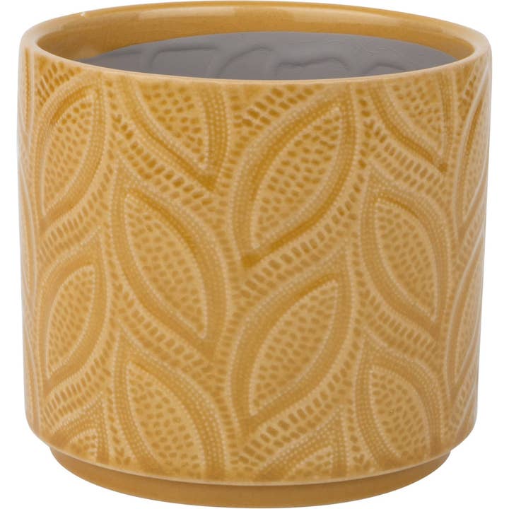 A11040: Leaf ceramic pot cover, deep mustard, 5.5x5.5x5 in for wholesale by Silver Tree Home & Holiday