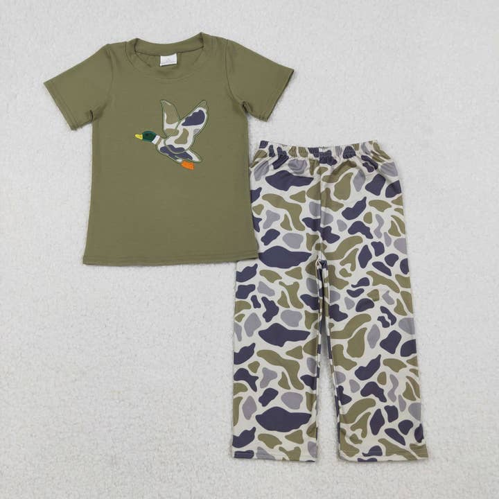 Embroidery Camo Duck Baby Boys Green Top Flare Pant Hunting Set for wholesale by Aier Wholesale