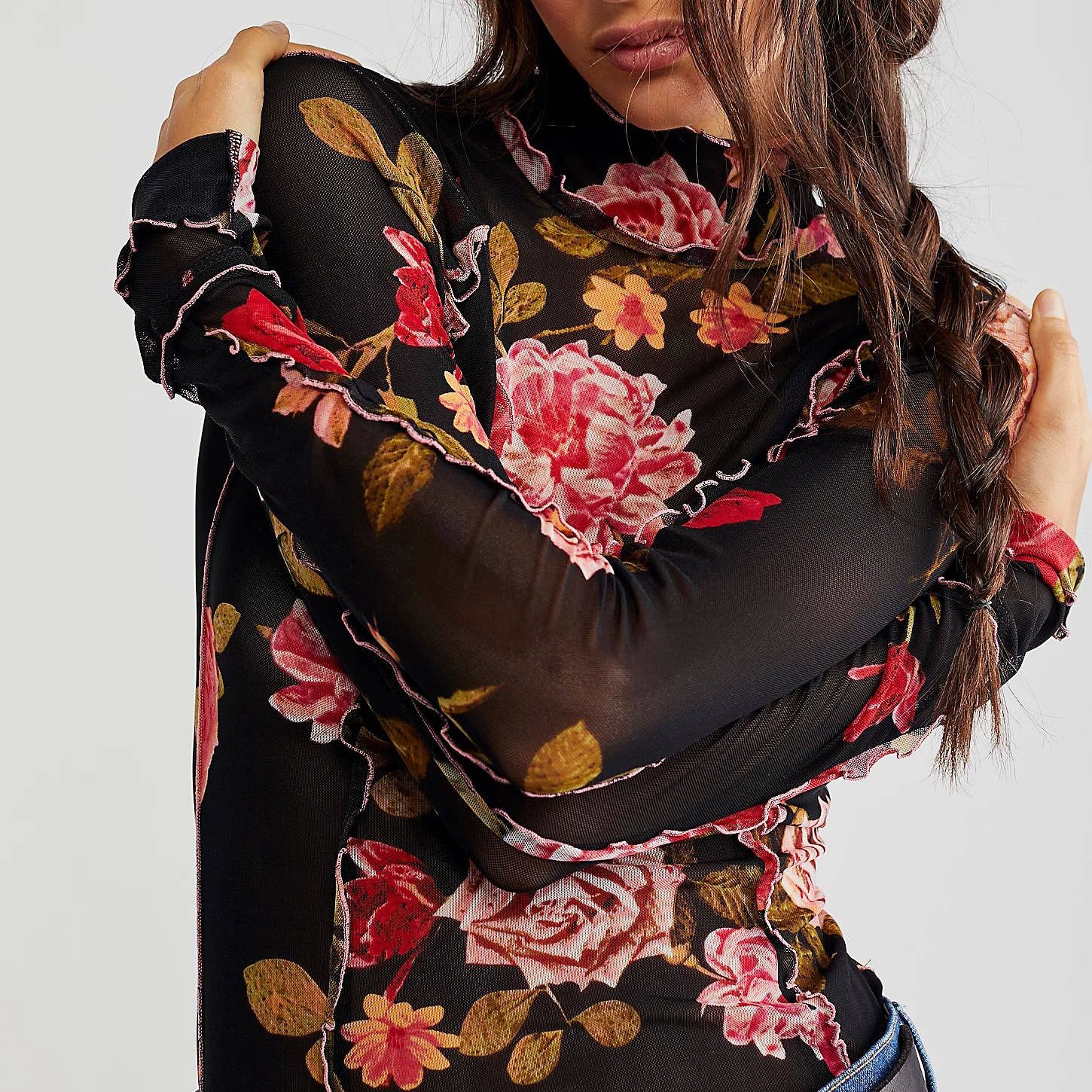 Rosa Clothing - Wholesale Knit Top - Women's - Slim-Fit Sheer Botanical Floral Print Turtleneck Top5
