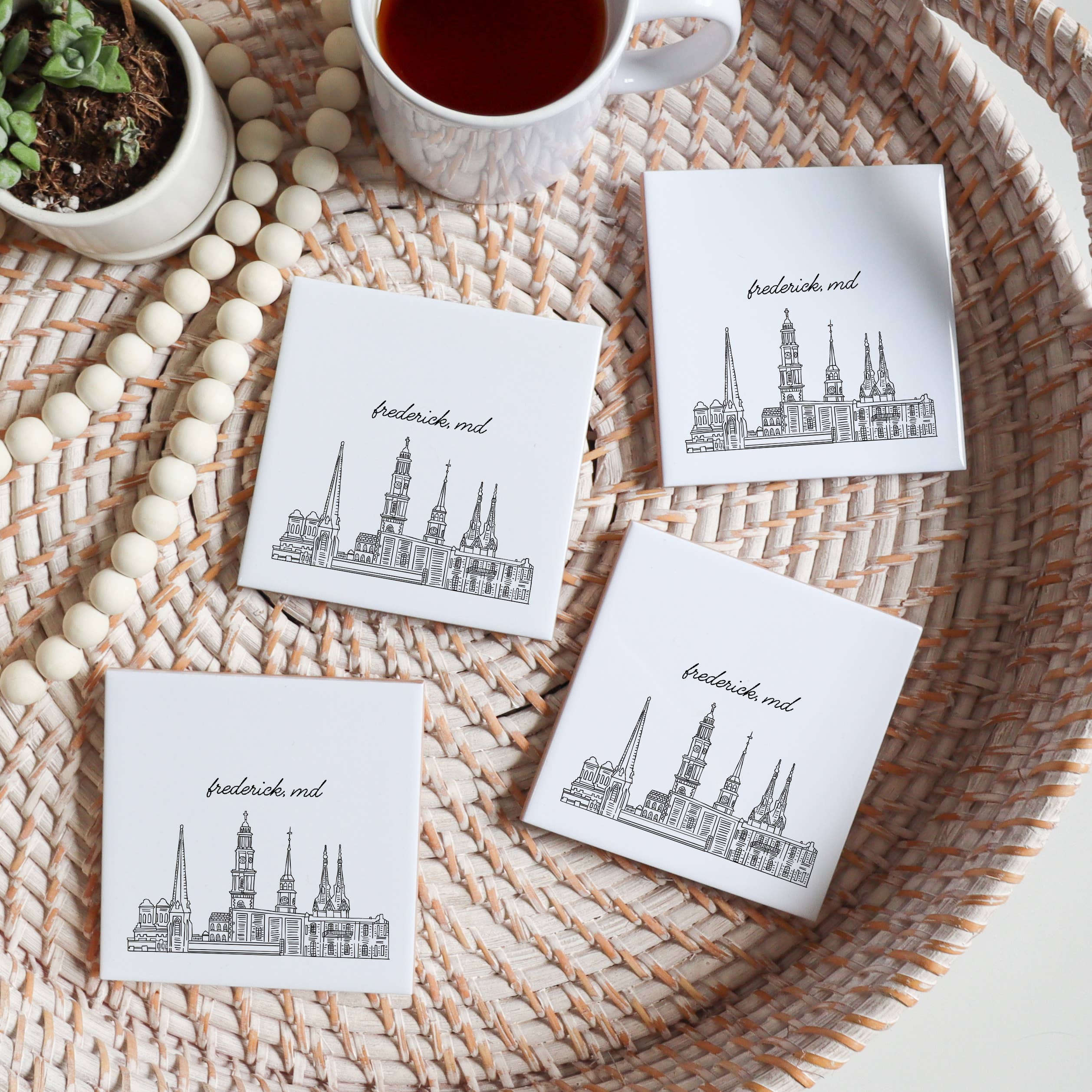 Black White Frederick Maryland skyline coasters, Frederick cityscape MD for wholesale on Faire11