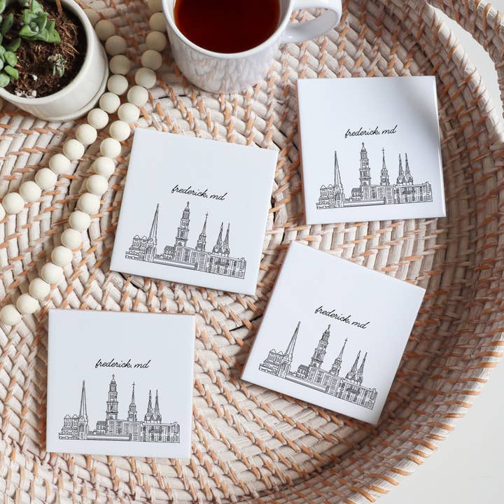 Black White Frederick Maryland skyline coasters, Frederick cityscape MD for wholesale on Faire11
