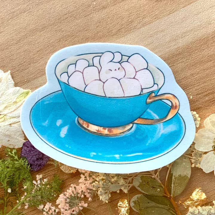 Marshmallow Bunny Teacup Sticker | Matte Stickers | Cute Stickers for wholesale by elbth_cafe