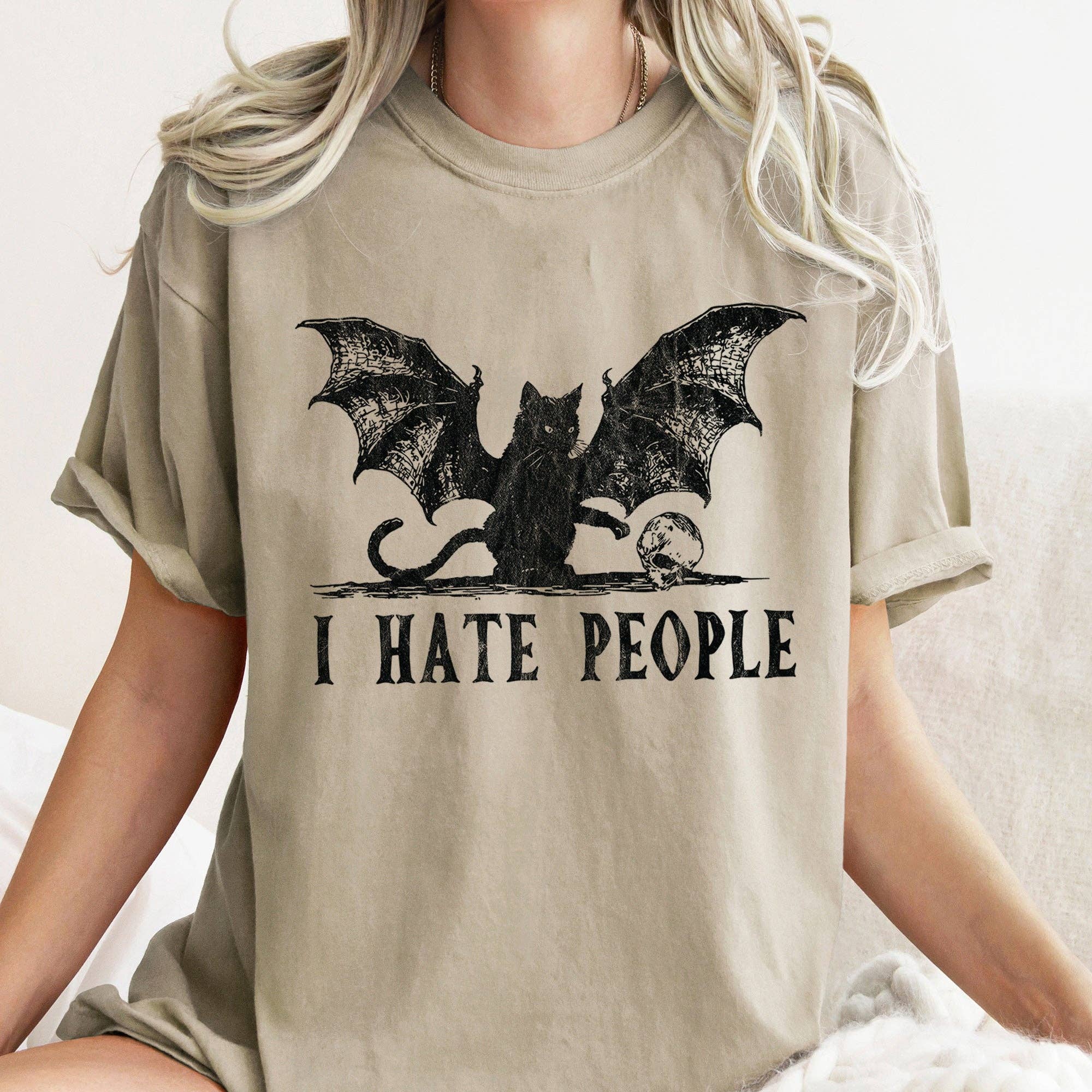 Refinery Number One LLC - Wholesale T-Shirt (Graphic) - Women's - I Hate People Cat Bat Retro Halloween T-shirt Black Print4