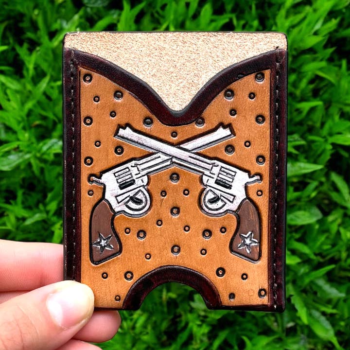Tooled leather card holder for wholesale by Western Linens