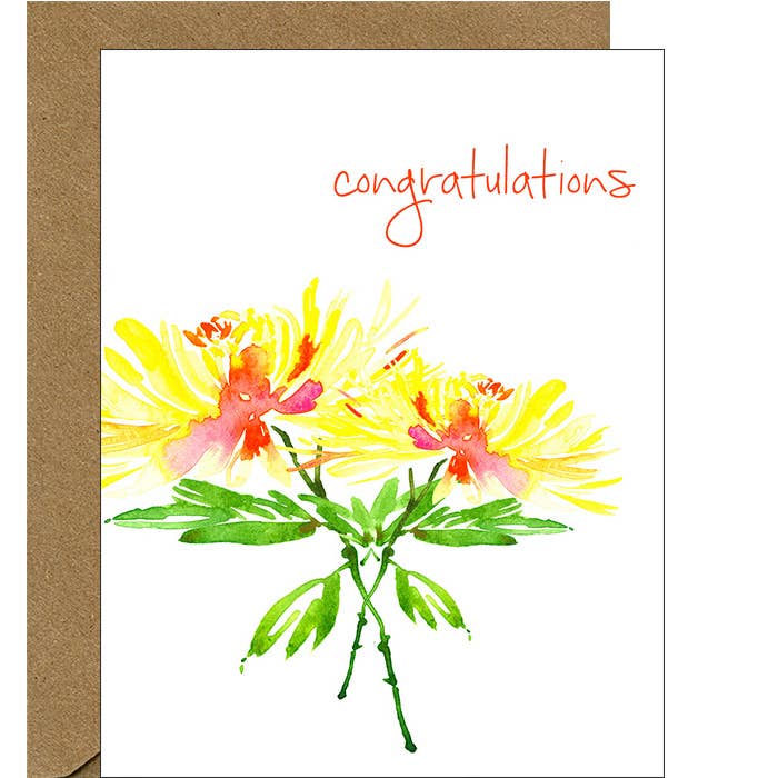Congratulations Watercolor Fuji Chrysanthemum Notecard for wholesale by Pink Bathtub Designs