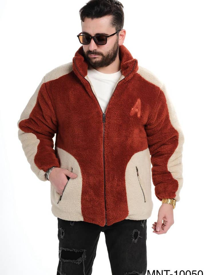 Mens Two Tone Fleece Zip Up Jacket Terracotta Sherpa Winter Coat 10050 for wholesale by Monocloth