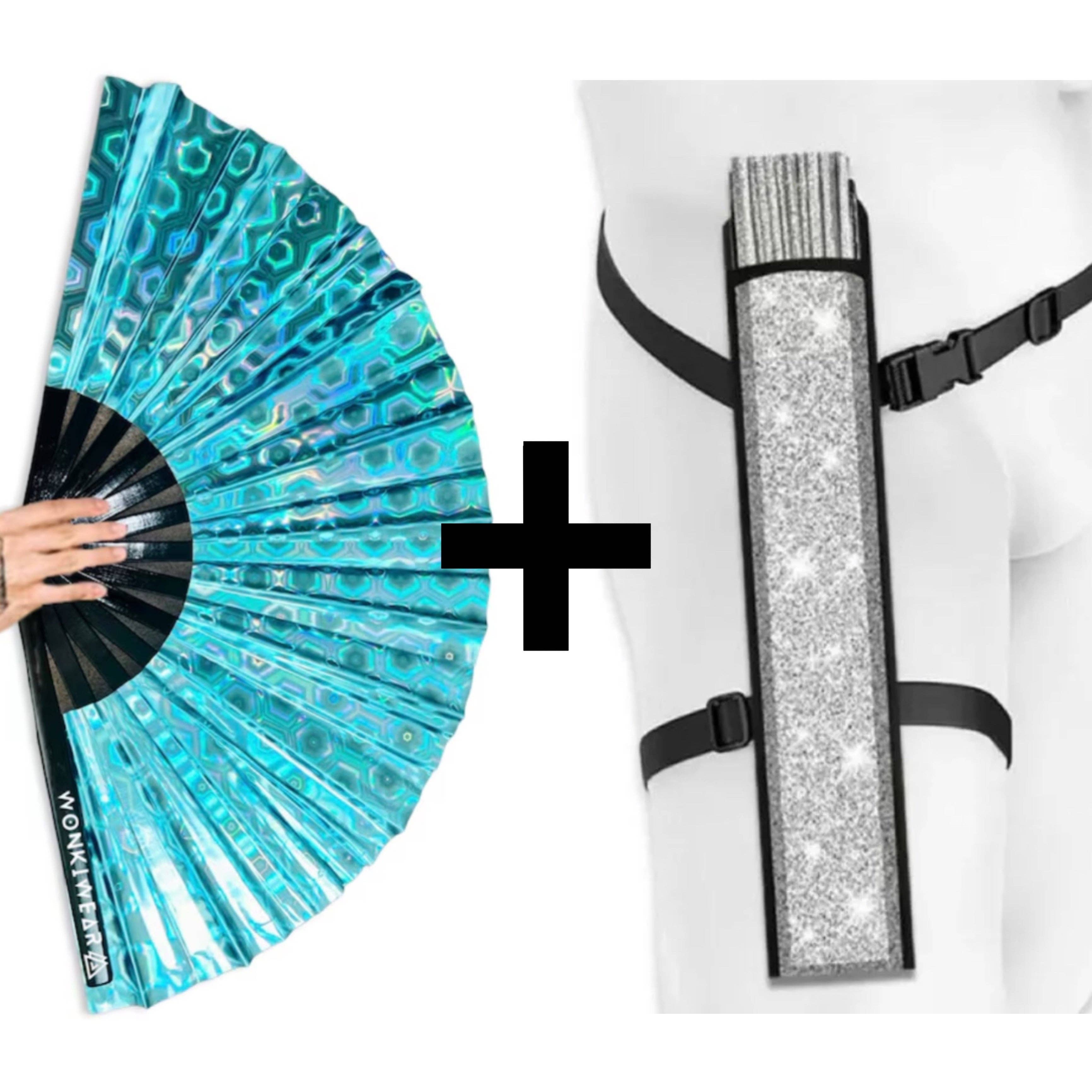 Wonkiwear Ltd – wholesale Handheld folding fan – XL Festival Fan - Holographic, Blue3