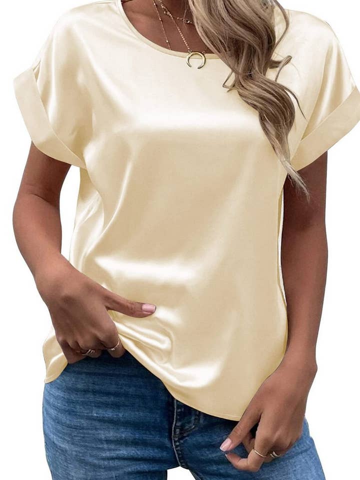 NINEXIS - Wholesale Blouse - Women's - CWTBLS1775_SATIN ROUND NECK LOOSE SHORT-SLEEVED TOP8