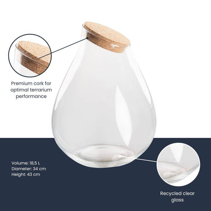 Oasis of Life - Wholesale Terrarium - Terrarium Bottle "Drop XXL" Cork Lid – Ø34cm ↕43cm – Large Drop-Shaped Glass Bottle Made from Recycled Glass – Approx. 18.5L Volume – Ideal for DIY Terrariums & Mini Ecosystems2